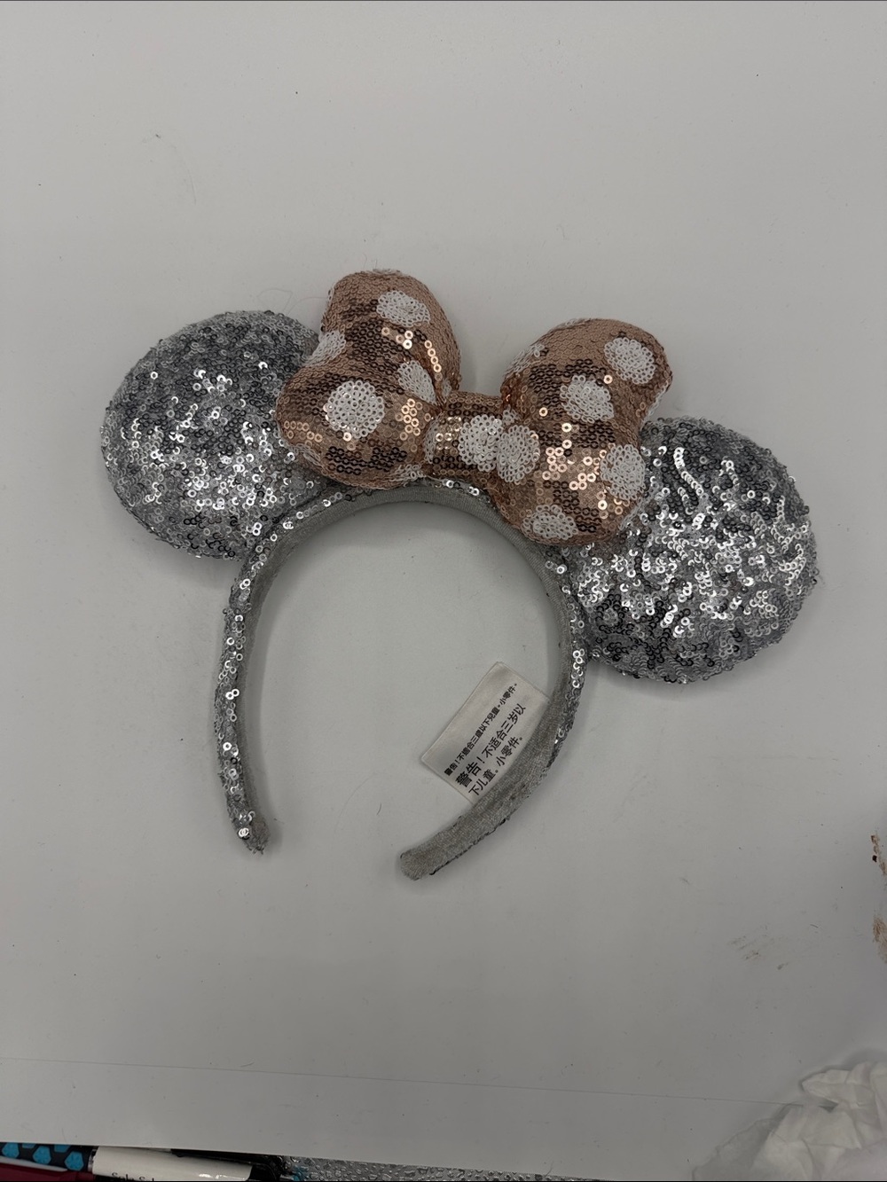 Disney Silver Sequin Mouse Ear Headband with Rose Gold Polka Dot Bow